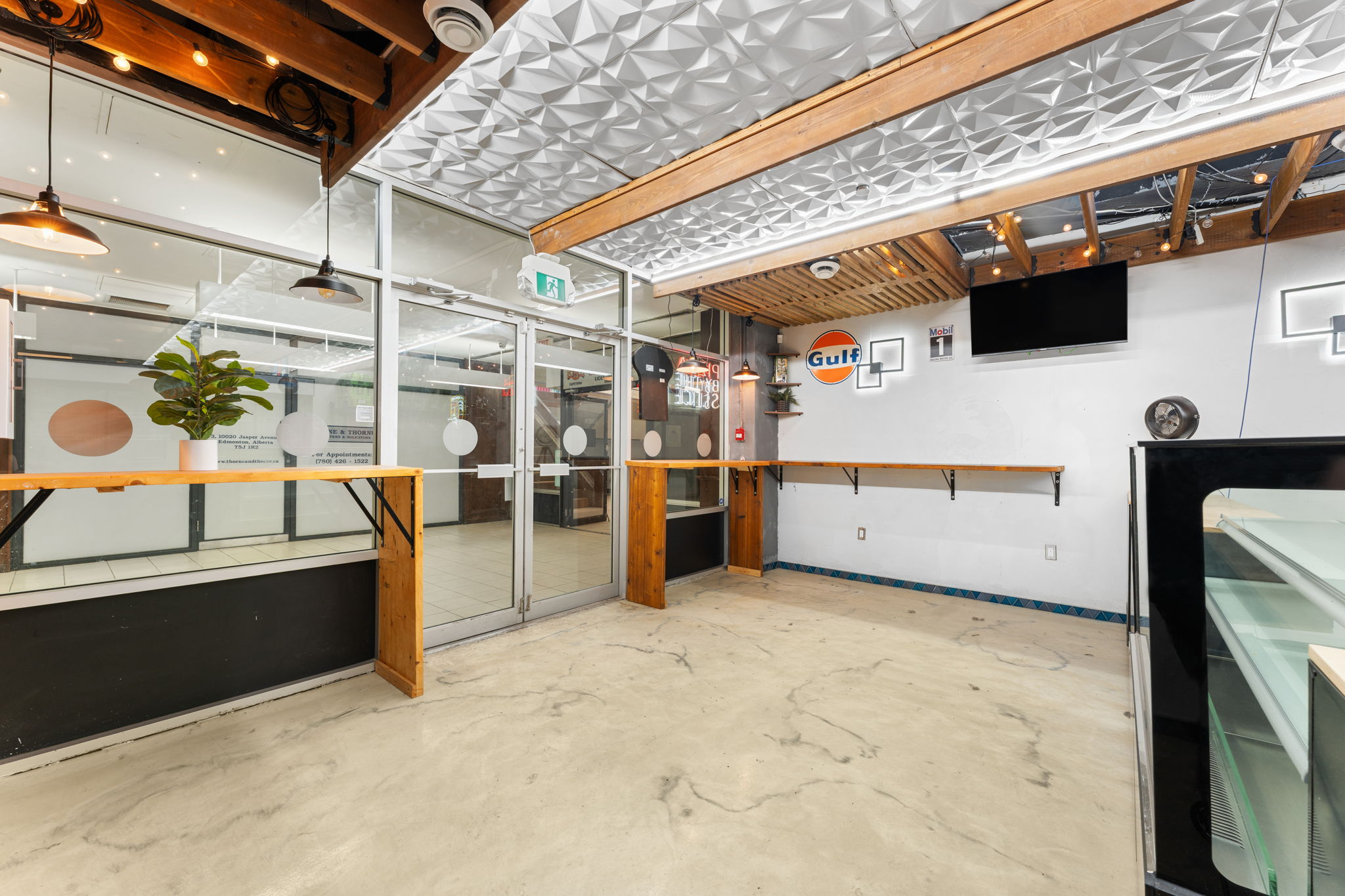 Bar seating and warm wood details